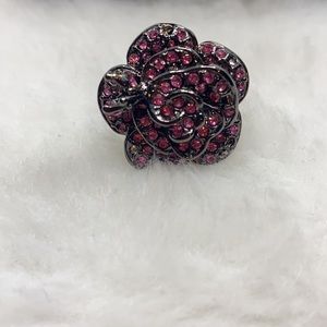 Black metal Ladies Ring Pink Glass Rhinestones size 6